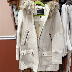 J. Crew Women's White Utility Jacket with Faux Fur Hood